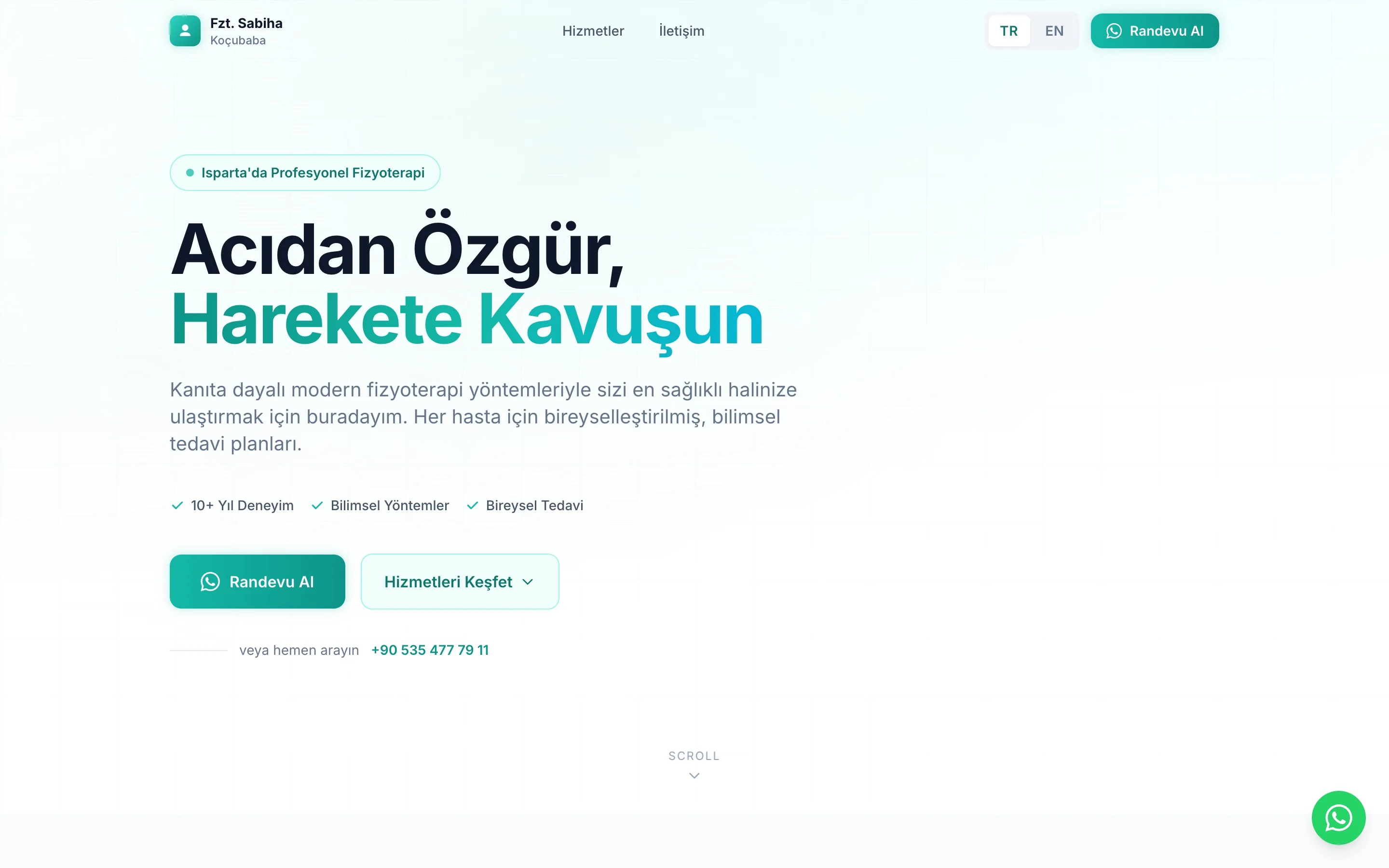 Fzt. Sabiha Koçubaba physiotherapy clinic website, home page on desktop