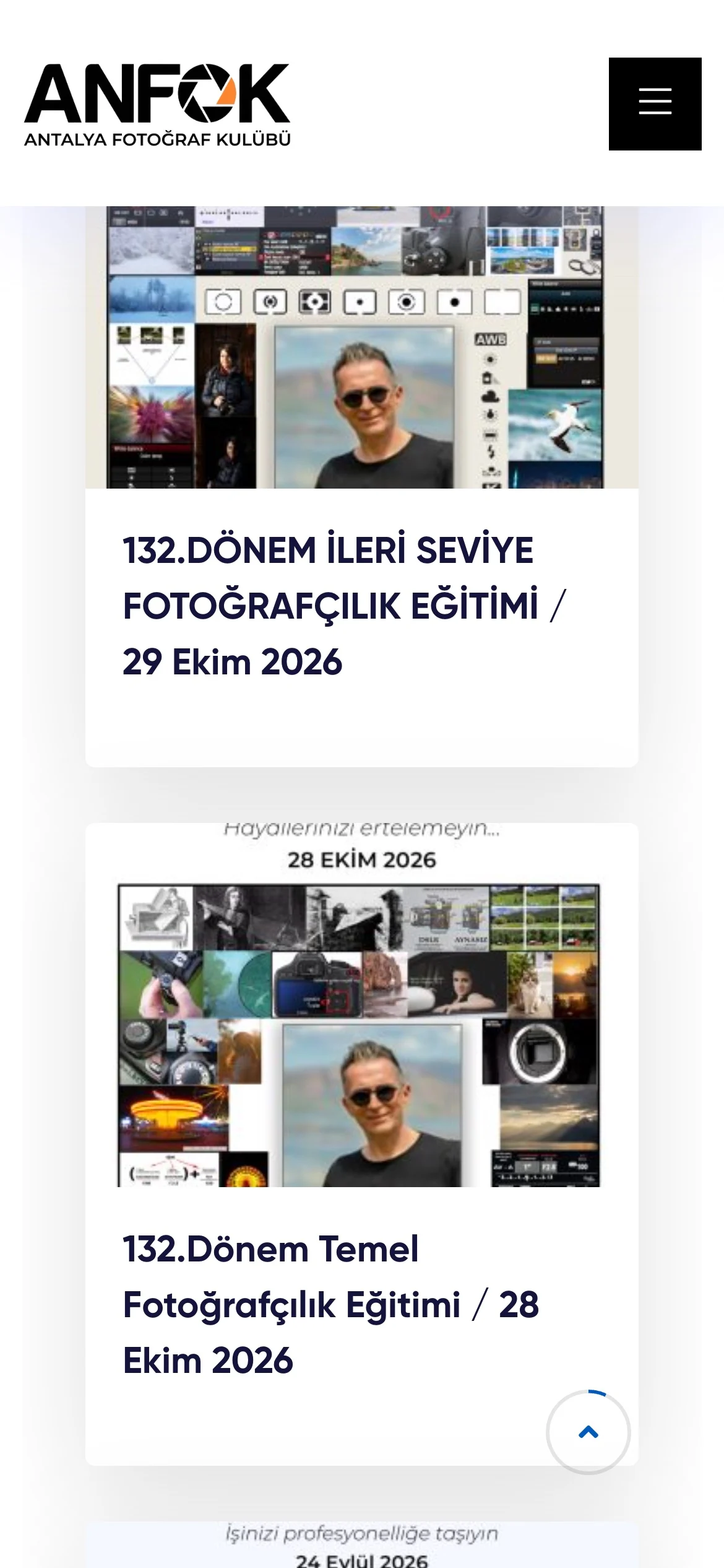 The ANFOK courses page on a phone, with upcoming photography courses