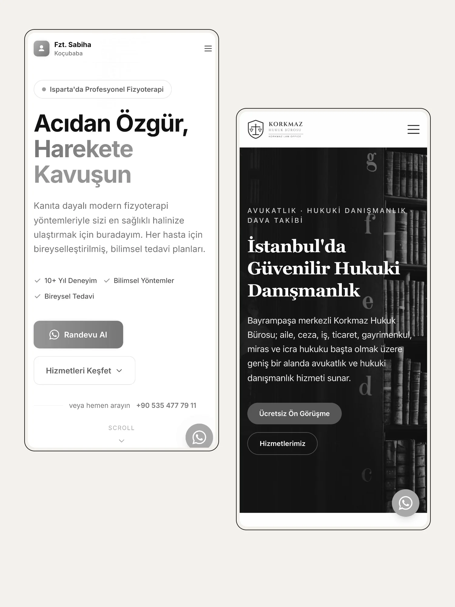 Two client websites on phones, in black and white
