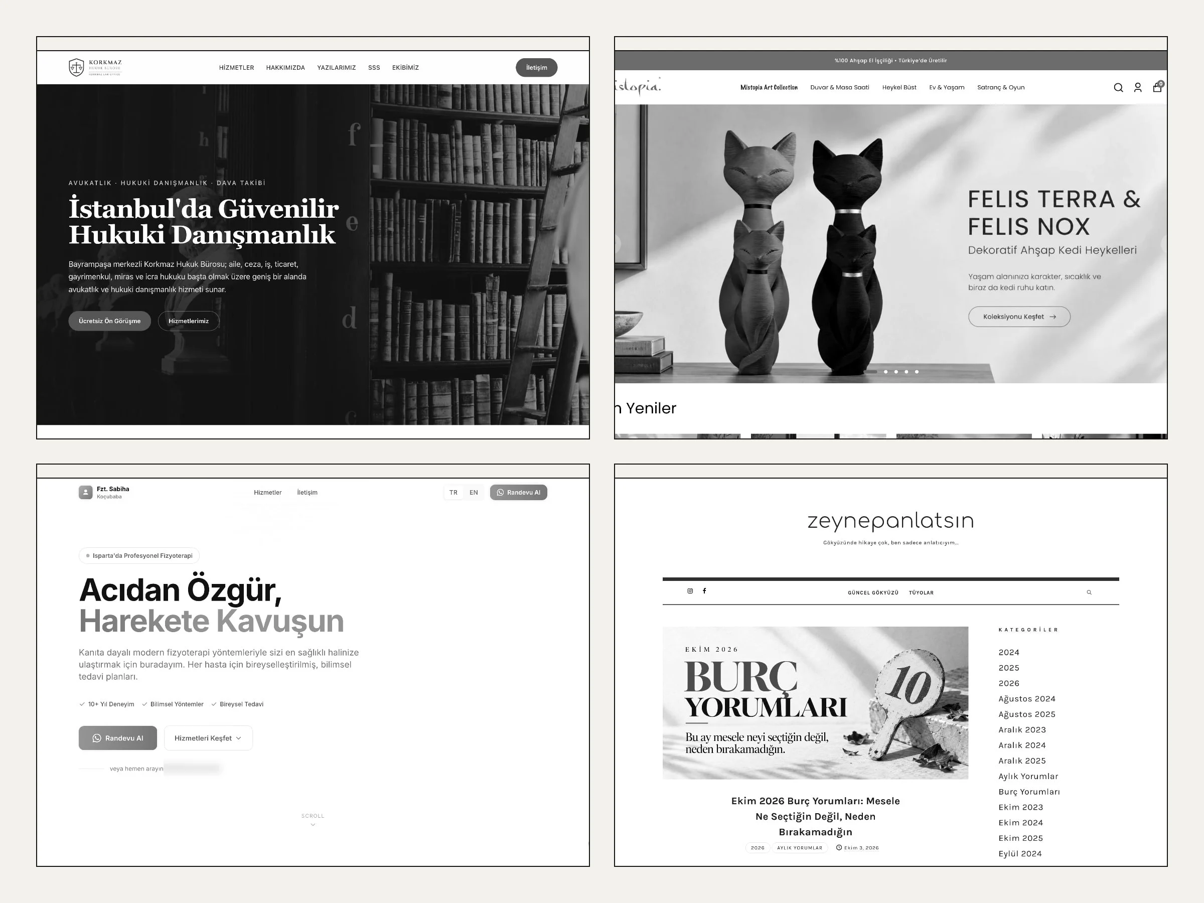 Four websites built by Harmia, shown side by side in black and white